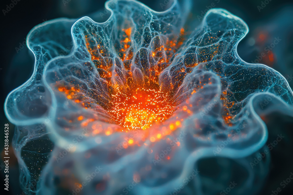 Poster abstract art depicting a glowing, bioluminescent organism with intricate, flowing structures and vib