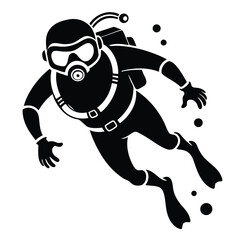 Black Silhouette of Diver in Full Gear Surrounded by Bubbles, Underwater Adventure