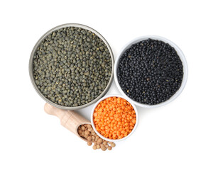 Different types of lentils isolated on white, top view