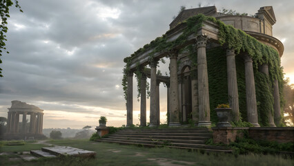 Obraz premium Baroque temple ruins under overcast sky ivy