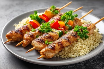 Grilled Chicken and Vegetable Skewers with Couscous - Delicious grilled chicken skewers with bell peppers, zucchini, and onions served over fluffy couscous. A healthy and flavorful meal