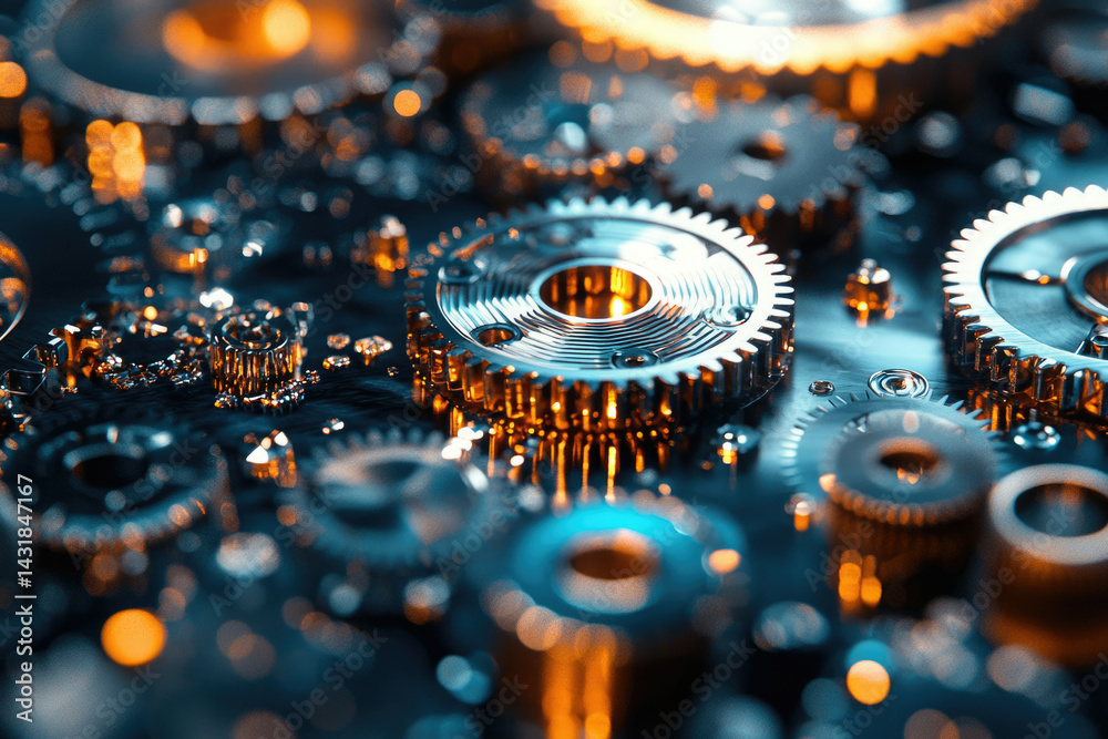 Poster Intricate metallic gears interlock, reflecting light in a mesmerizing display of precision engineering.