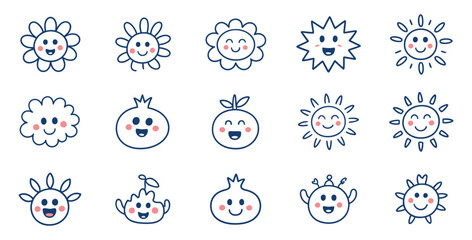 Set Of Cute Doodle Cartoon Character Elements Flowers Fruits Sun Cloud Smiling Faces Happy Icons For Kids Isolated