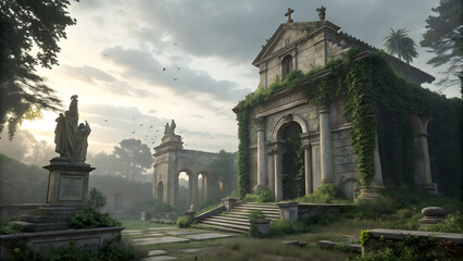 Fototapeta premium Baroque temple ruins under overcast sky ivy