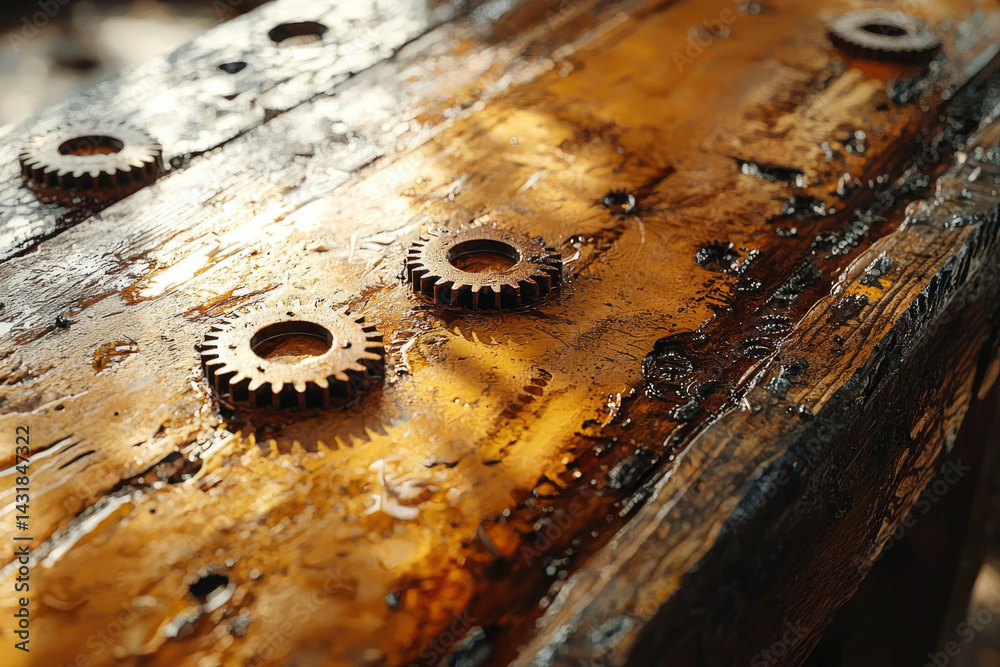 Poster rustic wooden table with embedded metallic gears, showcasing steampunk aesthetics.