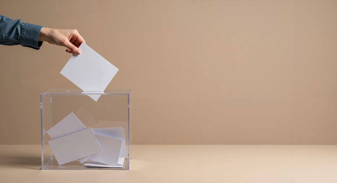 Hand casting a vote into a transparent ballot box against a plain background  