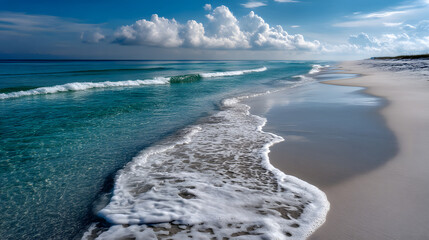 Fototapeta premium A serene and untouched winter landscape with snow-covered mountains stretching into the horizon, the soft light of the setting sun reflecting off the snow.