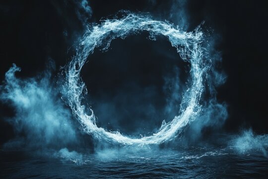 Water forms a glowing circular portal in a dark space with swirling mist surrounding it