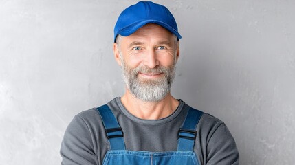 Happy Handyman Smiling for - A friendly middle-aged handyman, smiling, wearing blue overalls and cap. Concepts: reliability, skill, service, trust, expertise
