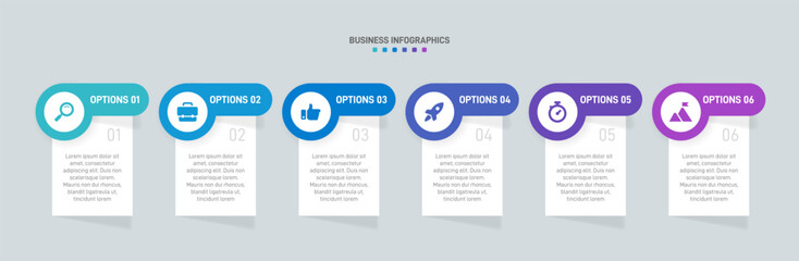 Horizontal progress bar featuring 6 arrow-shaped elements, symbolizing the six stages of business strategy and progression. Clean timeline infographic design template. Vector for presentation