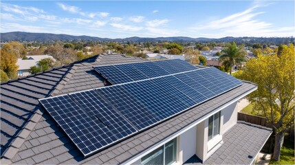 High-Angle View of Solar Panels on Residential Roof - Clean energy, sustainable living, eco-friendly home, renewable resource