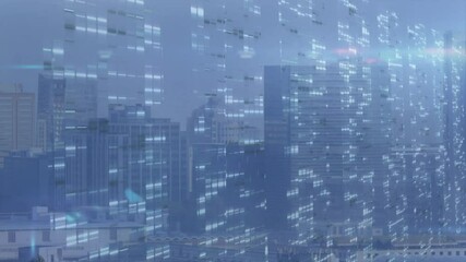 Futuristic skyline being animated in blue scene, with grid windows, glitch overlays, light streaks - Powered by Adobe