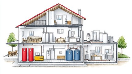 Home Energy System Diagram - Detailed cutaway illustration showcasing a modern home's complete energy system, including solar, heating, and water systems