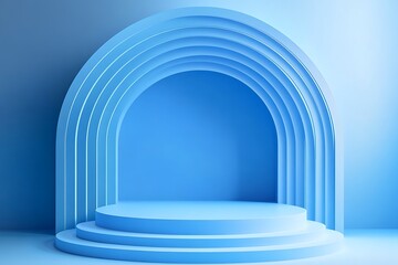 Minimalist blue background with round podium, 3D rendering.