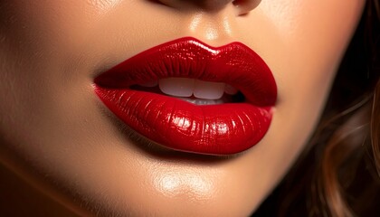 Obraz premium Close-up of lips wearing rich red lipstick