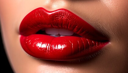 Obraz premium Close-up of lips wearing rich red lipstick