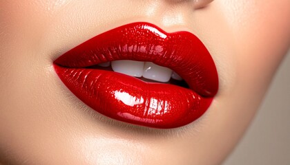 Obraz premium Close-up of lips wearing rich red lipstick