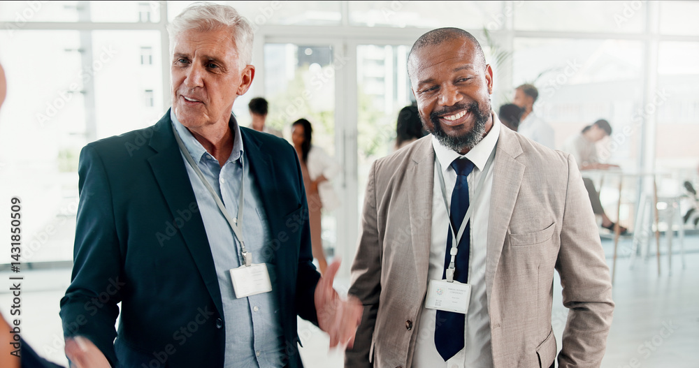 Aufkleber conference, meeting and networking with business people at expo for global forum, investor summit an