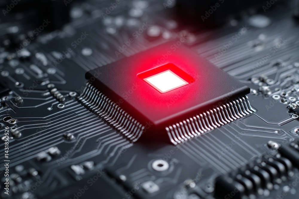 Poster illuminated microchip technology - close-up view of a microchip with red illumination, showcasing in