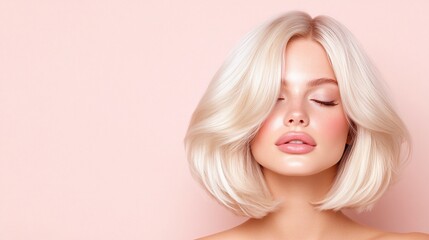 Naklejka premium Glamorous woman with platinum blonde bob haircut and flawless makeup, eyes closed in soft lighting against pastel pink background, beauty portrait with elegance and style