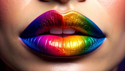 Close-up of lips wearing rich rainbow lipstick