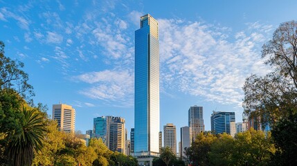 Modern skyscraper reflection urban landscape architectural photography daytime wide angle contemporary design