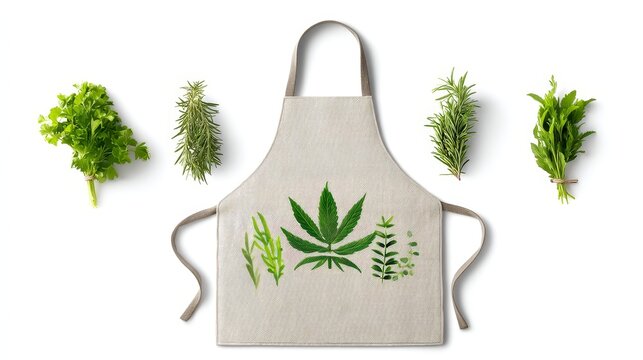 Linen Apron with Herbal Design - A beige linen apron featuring a stylish design of various herbs, including a cannabis leaf, perfect for cooking enthusiasts