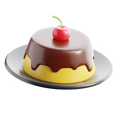 3D render of a creamy pudding with a glossy chocolate topping, topped with a bright red cherry. Presented on a shiny plate, this treat looks irresistibly sweet and perfect for various design