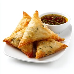 Delicious samosas with sauce bowl on white background