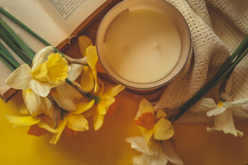 Unlit candle surrounded by yellow daffodils, a soft knitted fabric, and an open book, creating a warm and peaceful spring scene with cozy natural tones