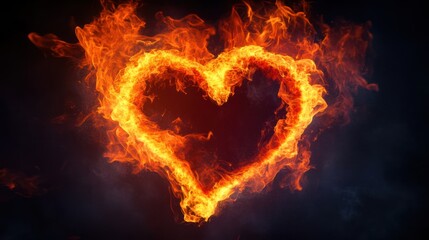 Fiery heart burning in dark background; love concept