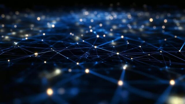 An abstract futuristic network grid with secure data connections and glowing padlocks. The dark blue digital background symbolizes advanced information protection.