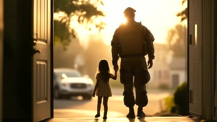 A soldier steps through the door and into the arms of his daughter, who is filled with excitement and joy. Their reunion is filled with warmth, love, and the happiness of a father