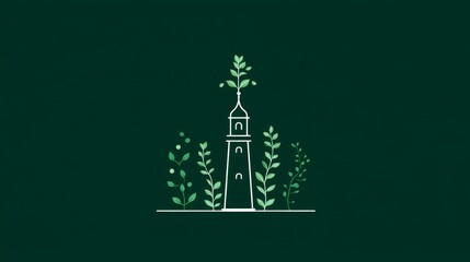 Obraz premium Minaret and Spring Growth - Minimalist line art of a minaret surrounded by flourishing plants, symbolizing growth, renewal, faith, peace, and nature