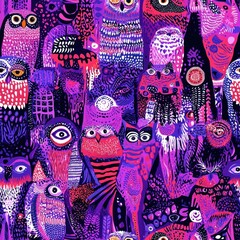 Fototapeta premium Vibrant Owl Pattern Purple and Pink Night Birds Textile Design