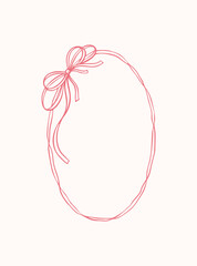 Oval girlish ribbon frame with bow. Valentines day, Christmas, wedding hand drawn red romantic card and invitation template. Doodle whimsical filigree flourish border