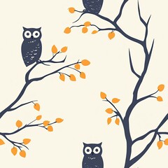 Fototapeta premium Charming Owls Perched on Branches with Autumn Leaves: A Whimsical Nature Illustration