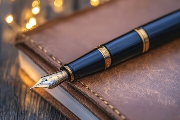 Fototapeta premium Elegant fountain pen resting on a leather-bound notebook with warm lights in the background