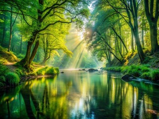 Obraz premium Serene Forest River: Double Exposure Nature Photography