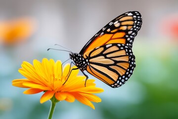 Naklejka premium Monarch Butterfly on Orange Daisy - A monarch butterfly delicately feeds on a vibrant orange daisy, symbolizing nature, transformation, beauty, freedom, and serenity