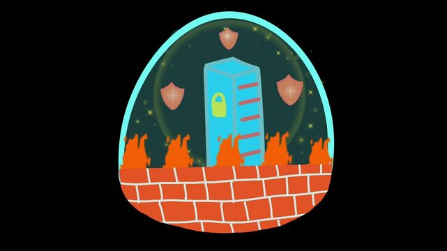 cartoon animated secure server with lock behind firewall and shields representing cybersecurity
