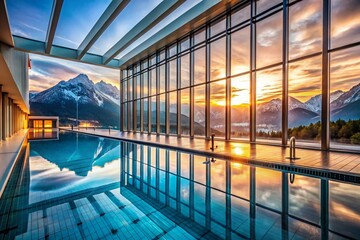 Obraz premium Serene Indoor Pool with Stunning Mountain View - Long Exposure Photography