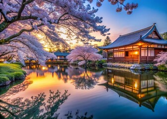 Serene Japanese Garden: Cherry Blossoms, Tranquil Pond, Traditional Architecture
