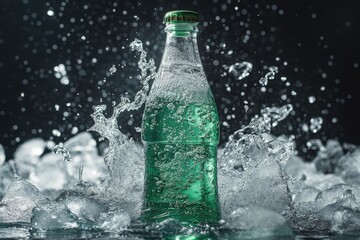 Sparkling water bottle splashes in ice cold water with dramatic effect