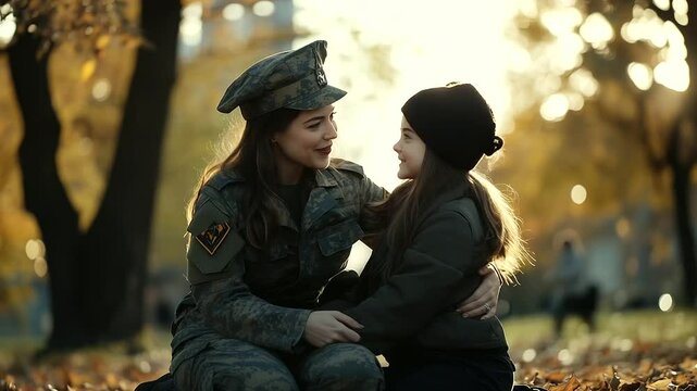A military mom, still in uniform, kneels down to hug her daughter in the park, both smiling with happiness. Their reunion is filled with the warmth of love and the strength of fami