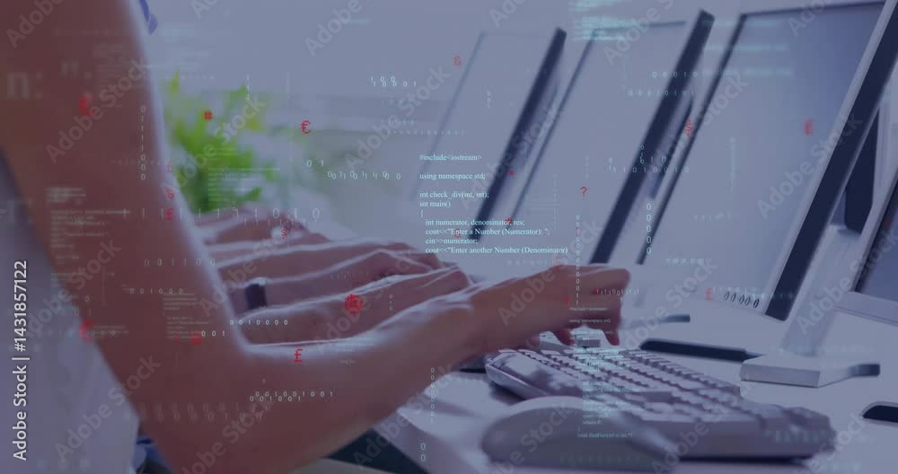 Poster hands typing code overlaying monitors, showcasing programming workflow in flat design