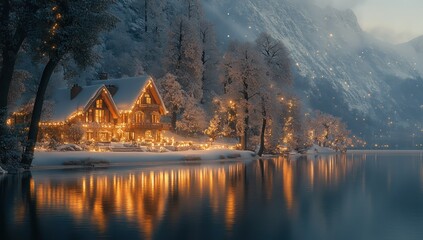 Fototapeta premium Snowy Chalet with Lake Reflection, and Winter Lights.