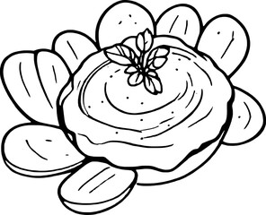 Line Art Drawing Of Hummus With Pita Bread