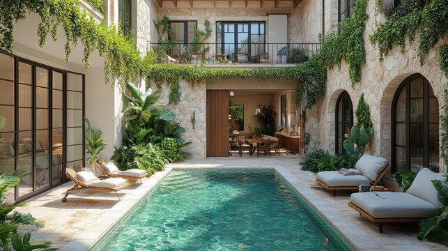 Luxury Mediterranean Courtyard Oasis: Private Pool, Lush Greenery, and Tranquil Atmosphere