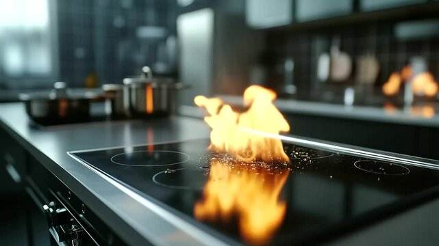 A family kitchen is overtaken by an uncontrolled cooktop fire, flames flaring out rapidly as grease ignites. The moment shows panic and motion, underscoring the dangers of everyday